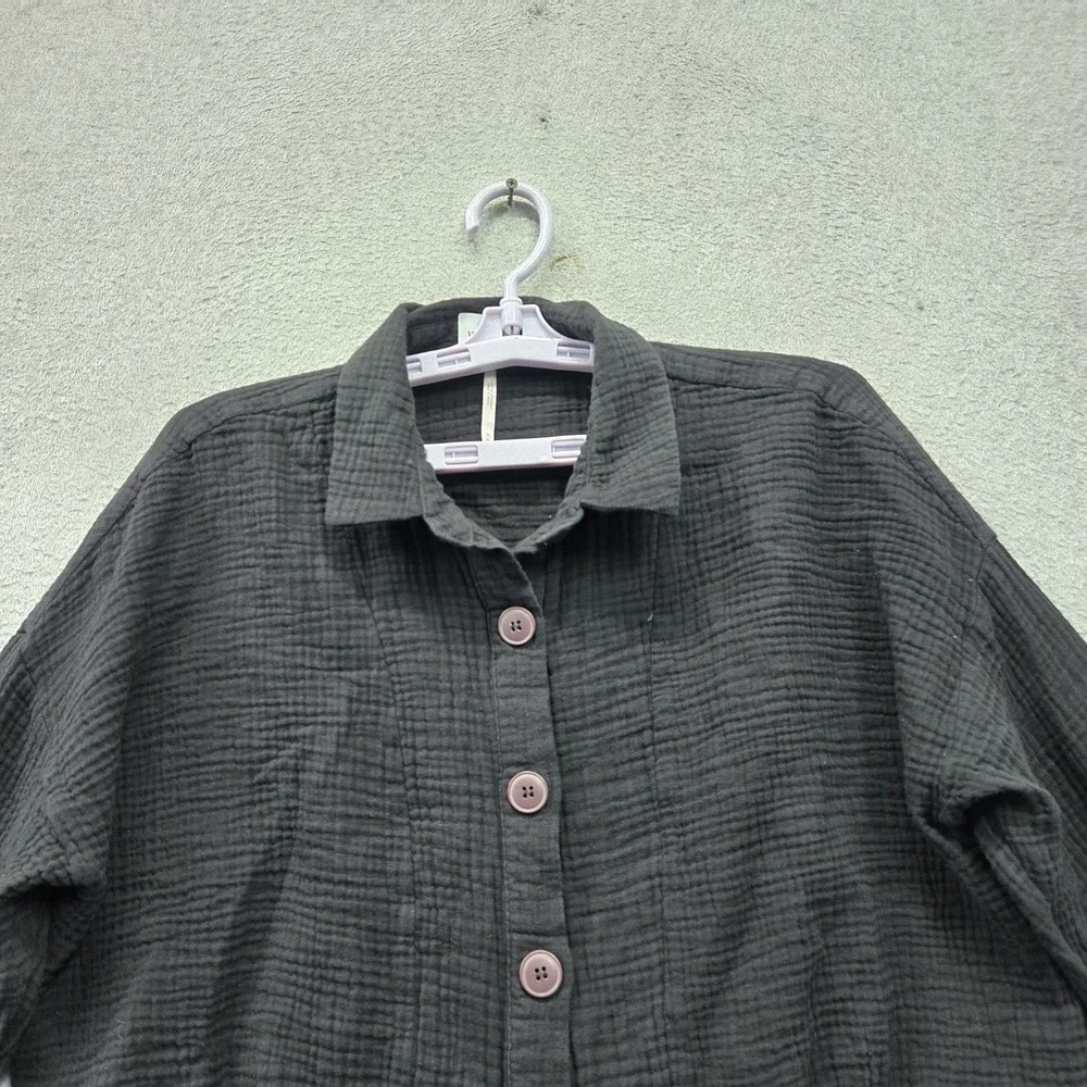 Free People Women Blouse M Black Sunstreaks Tie Front Button Down Cropped Collar